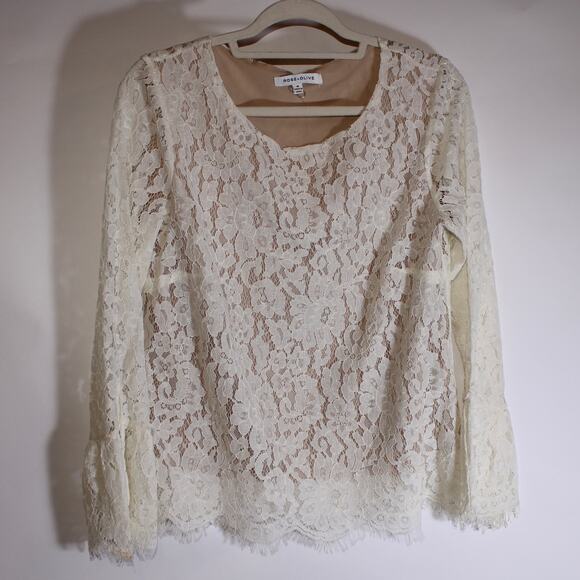Rose + Olive Tops - Rose + Olive White Lace Long Sleeve Top With Beige Layer Size M